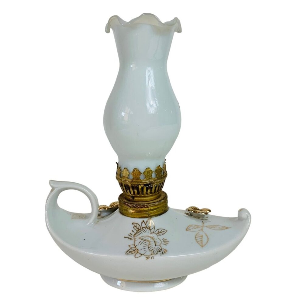 Genie Walking Oil Lamp VTG Victorian Lantern Home Decor Gold Gilded Floral Porce